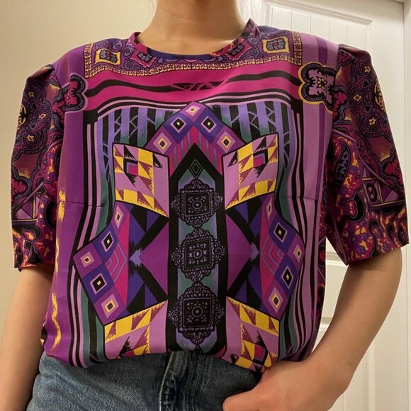 Vintage 80s Tribal Blouse from West Germany Purple - M - Picture 12 of 14